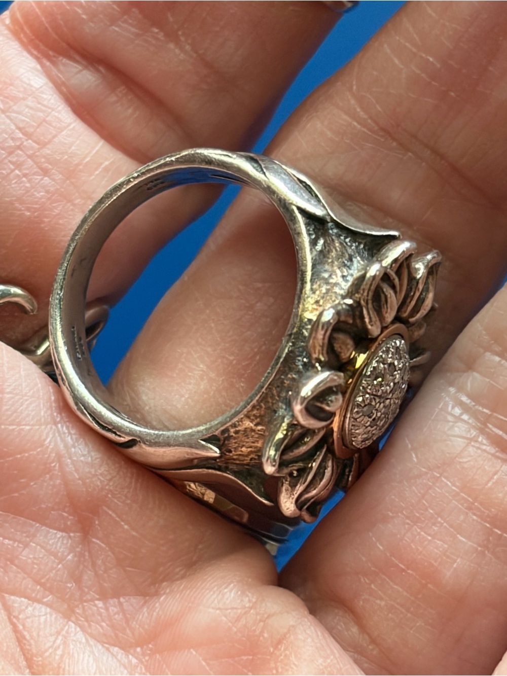 Designer Sterling And 14K Gold Daisy/Sunflower? Ring With Diamond  Chips Ring - Picture 14 of 15